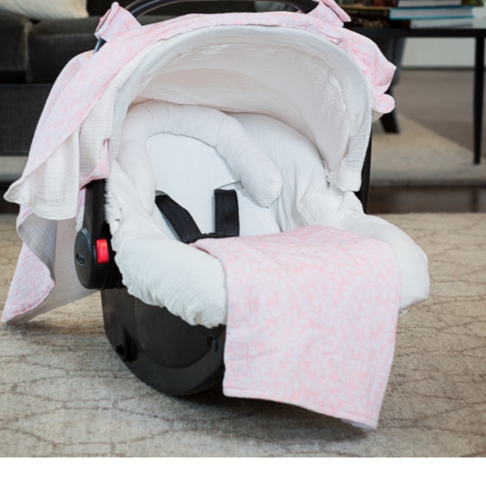 Carseat Canopy caboodle set in pink ivy muslin